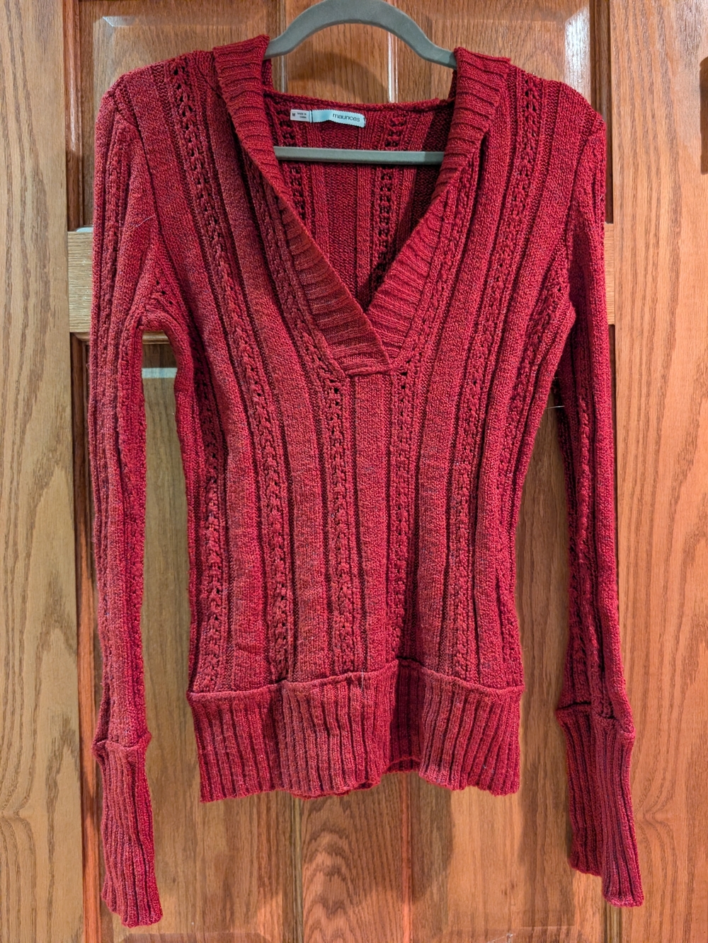Maurices Burgundy V-Neck Cable Knit Sweater